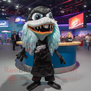 Black Barracuda mascot costume character dressed with a Henley Tee and Hair clips
