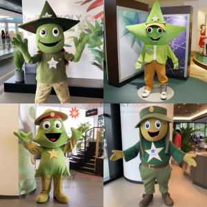 Olive Starfish mascot costume character dressed with a Graphic Tee and Berets