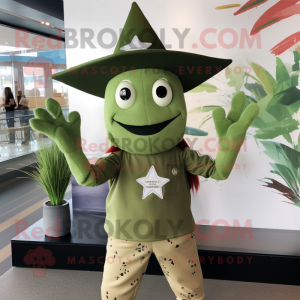 Olive Starfish mascot costume character dressed with a Graphic Tee and Berets