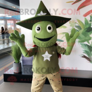 Olive Starfish mascot costume character dressed with a Graphic Tee and Berets