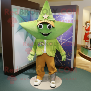 Olive Starfish mascot costume character dressed with a Graphic Tee and Berets