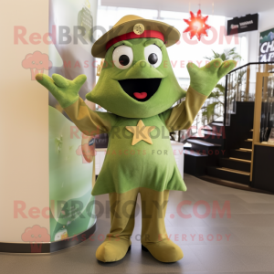 Olive Starfish mascot costume character dressed with a Graphic Tee and Berets