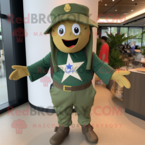 Olive Starfish mascot costume character dressed with a Graphic Tee and Berets