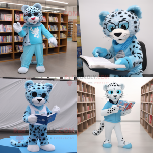 Sky Blue Leopard mascot costume character dressed with a Joggers and Reading glasses