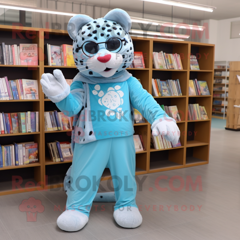 Sky Blue Leopard mascot costume character dressed with a Joggers and Reading glasses