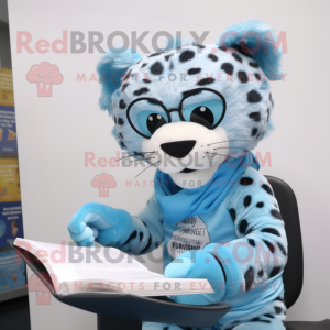 Sky Blue Leopard mascot costume character dressed with a Joggers and Reading glasses