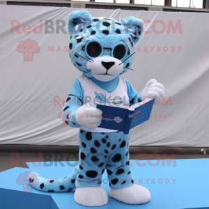 Sky Blue Leopard mascot costume character dressed with a Joggers and Reading glasses
