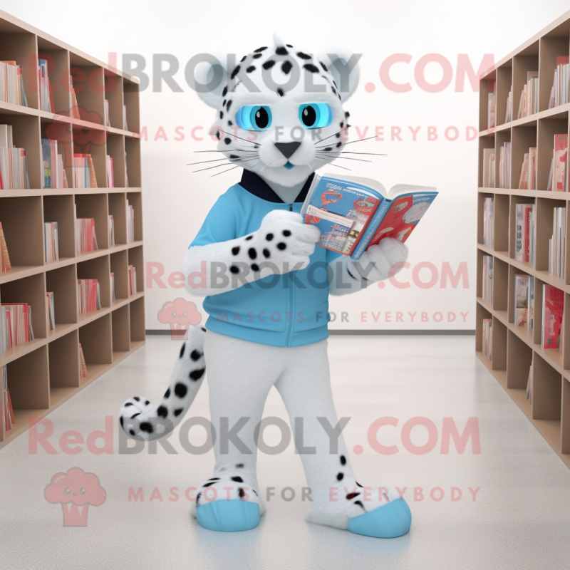 Sky Blue Leopard mascot costume character dressed with a Joggers and Reading glasses