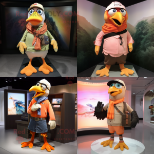 Peach Crow mascot costume character dressed with a Cargo Shorts and Scarves