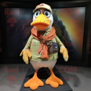 Peach Crow mascot costume character dressed with a Cargo Shorts and Scarves
