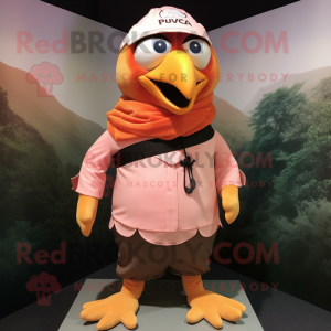 Peach Crow mascot costume character dressed with a Cargo Shorts and Scarves