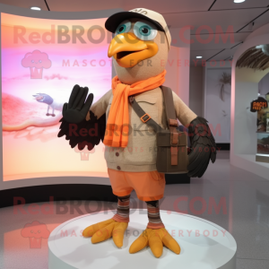 Peach Crow mascot costume character dressed with a Cargo Shorts and Scarves