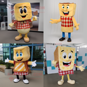 Beige Grilled Cheese Sandwich mascot costume character dressed with a Flannel Shirt and Shoe clips