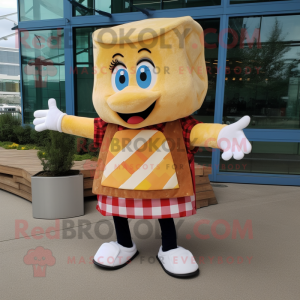 Beige Grilled Cheese Sandwich mascot costume character dressed with a Flannel Shirt and Shoe clips