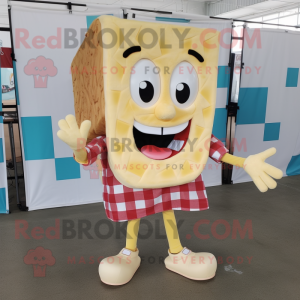 Beige Grilled Cheese Sandwich mascot costume character dressed with a Flannel Shirt and Shoe clips