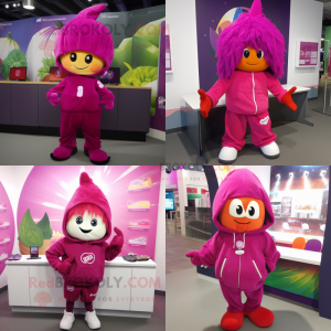 Magenta Squash mascot costume character dressed with a Hoodie and Hair clips