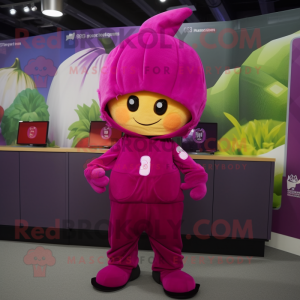 Magenta Squash mascot costume character dressed with a Hoodie and Hair clips