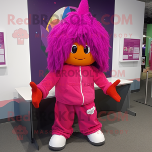 Magenta Squash mascot costume character dressed with a Hoodie and Hair clips