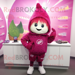 Magenta Squash mascot costume character dressed with a Hoodie and Hair clips