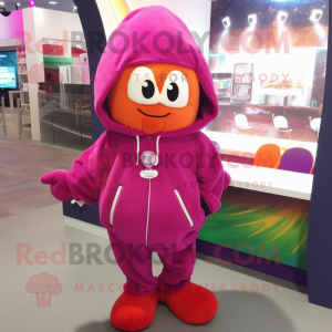 Magenta Squash mascot costume character dressed with a Hoodie and Hair clips