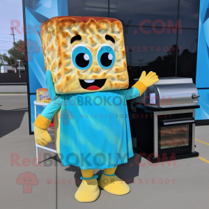 Turquoise Grilled Cheese Sandwich mascot costume character dressed with a Empire Waist Dress and Mittens