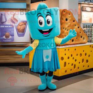 Turquoise Grilled Cheese Sandwich mascot costume character dressed with a Empire Waist Dress and Mittens