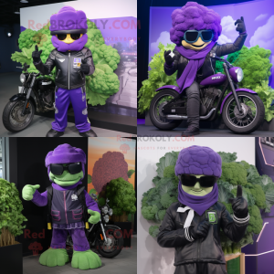 Purple Broccoli mascot costume character dressed with a Biker Jacket and Beanies