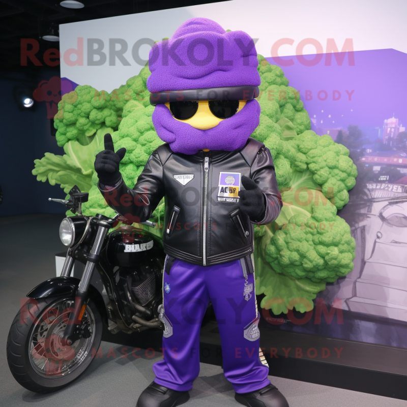 Purple Broccoli mascot costume character dressed with a Biker Jacket and Beanies Purple Broccoli mascot costume character dressed with a Biker Jacket and Beanies