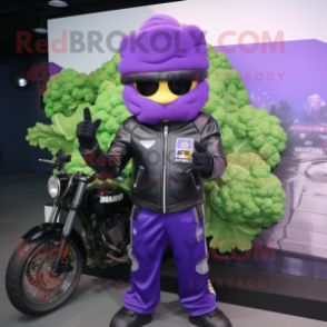 Purple Broccoli mascot costume character dressed with a Biker Jacket and Beanies