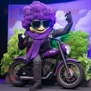 Purple Broccoli mascot costume character dressed with a Biker Jacket and Beanies