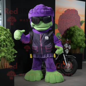 Purple Broccoli mascot costume character dressed with a Biker Jacket and Beanies