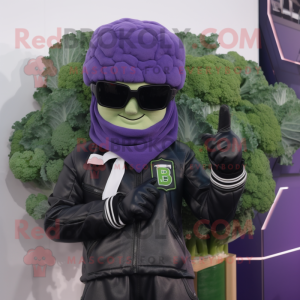 Purple Broccoli mascot costume character dressed with a Biker Jacket and Beanies
