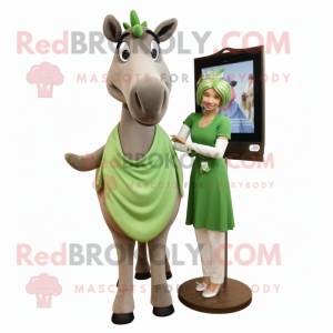 Olive Mare mascot costume character dressed with a Shift Dress and Brooches