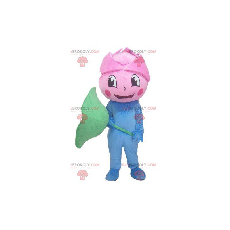 Mascotte de rose géante de fleur rose bleue et verte -