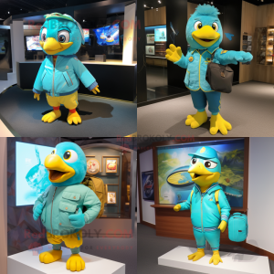 Turquoise Canary mascot costume character dressed with a Bomber Jacket and Wallets