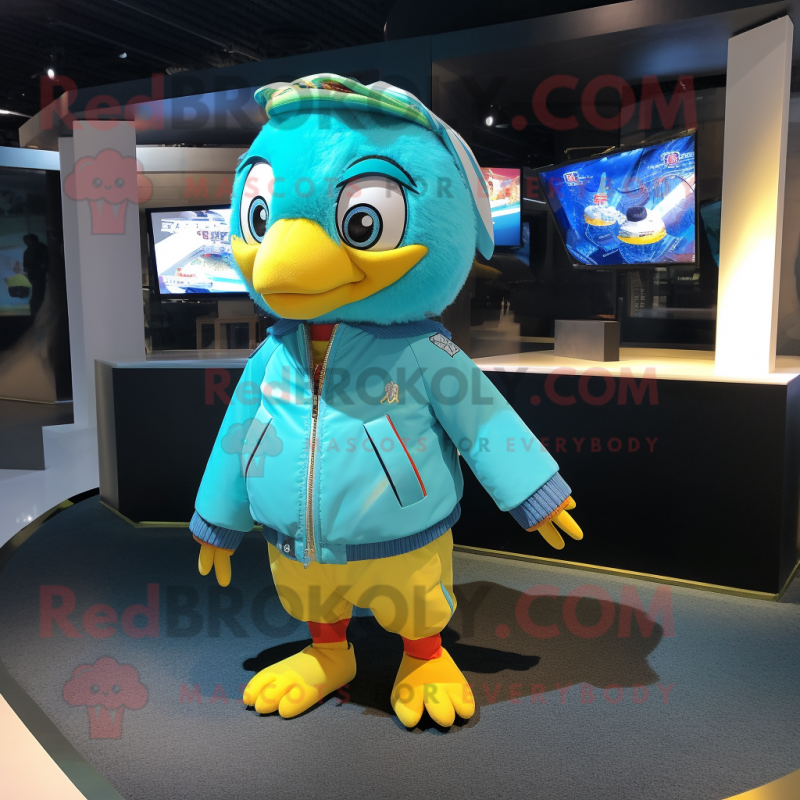 Turquoise Canary mascot costume character dressed with a Bomber Jacket and Wallets