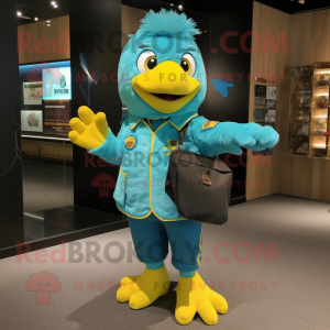 Turquoise Canary mascot costume character dressed with a Bomber Jacket and Wallets