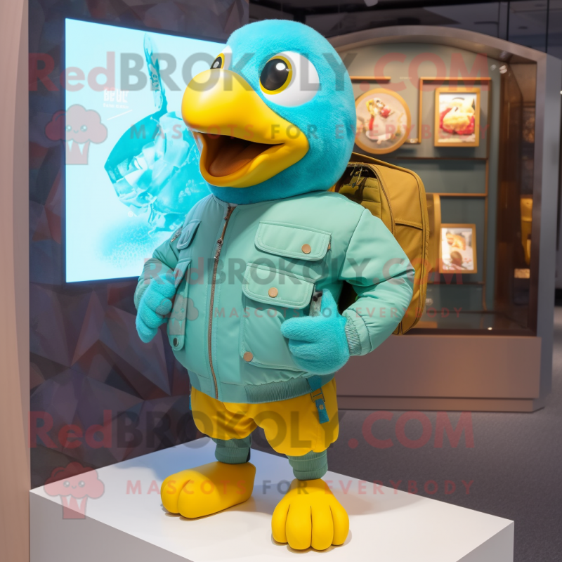 Turquoise Canary mascot costume character dressed with a Bomber Jacket and Wallets Turquoise Canary mascot costume character dressed with a Bomber Jacket and Wallets
