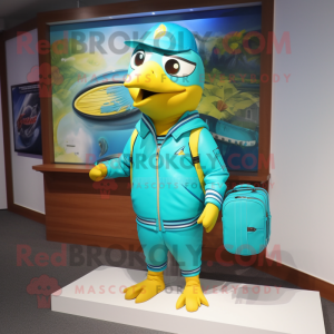 Turquoise Canary mascot costume character dressed with a Bomber Jacket and Wallets