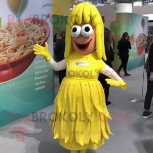 Lemon Yellow Goulash mascot costume character dressed with a Midi Dress and Shoe laces