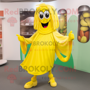 Lemon Yellow Goulash mascot costume character dressed with a Midi Dress and Shoe laces