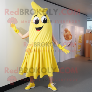 Lemon Yellow Goulash mascot costume character dressed with a Midi Dress and Shoe laces