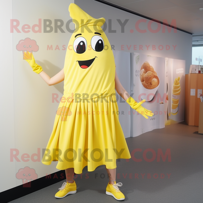 Lemon Yellow Goulash mascot costume character dressed with a Midi Dress and Shoe laces Lemon Yellow Goulash mascot costume character dressed with a Midi Dress and Shoe laces