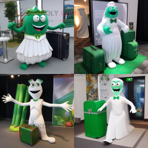 Forest Green Contortionist mascot costume character dressed with a Wedding Dress and Briefcases