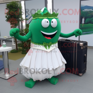 Forest Green Contortionist mascot costume character dressed with a Wedding Dress and Briefcases