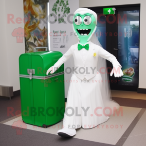 Forest Green Contortionist mascot costume character dressed with a Wedding Dress and Briefcases