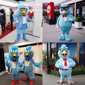 Sky Blue Fried Chicken mascot costume character dressed with a Trousers and Ties