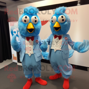 Sky Blue Fried Chicken mascot costume character dressed with a Trousers and Ties