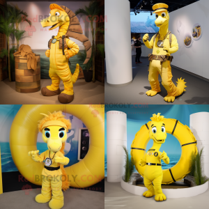 Yellow Seahorse mascot costume character dressed with a Cargo Pants and Rings