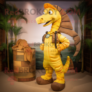 Yellow Seahorse mascot costume character dressed with a Cargo Pants and Rings